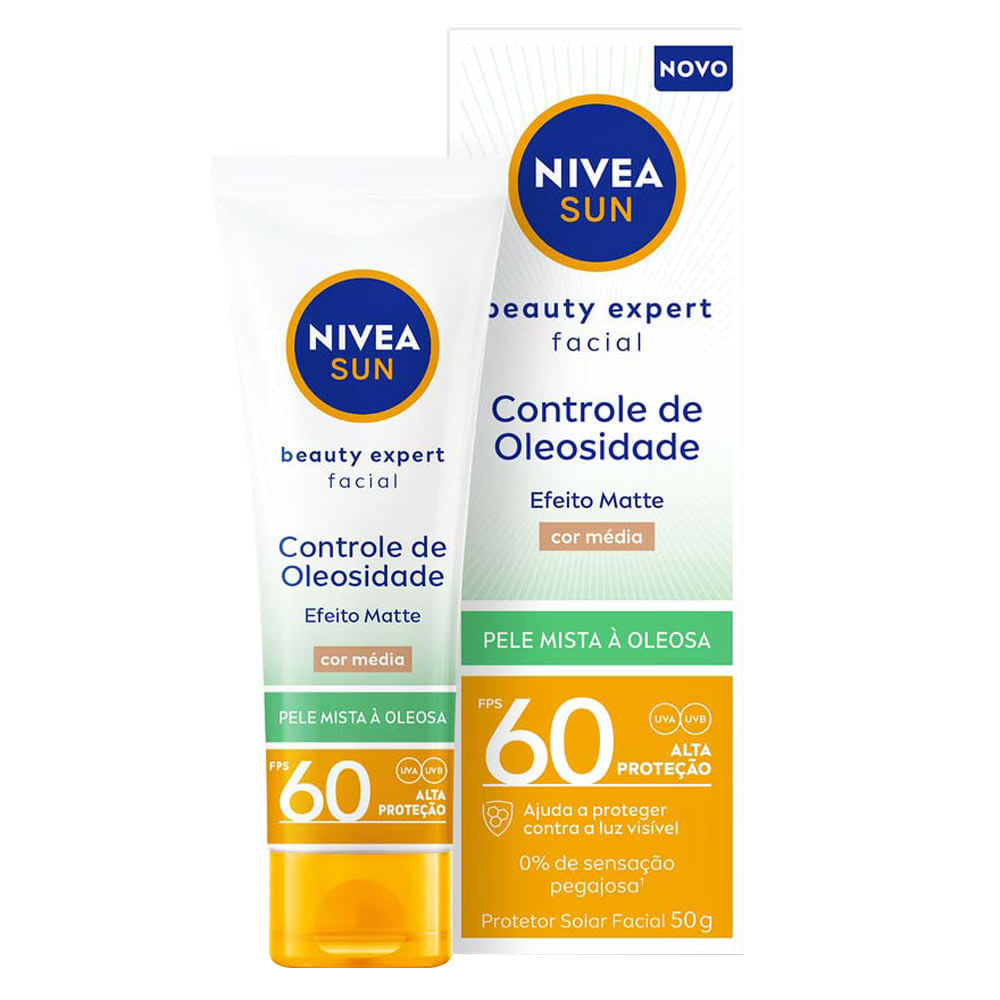 NIVEA SUN Protetor Solar Facial Beauty Expert Controle de Oleosidade Com Cor Média FPS 60  50g Média