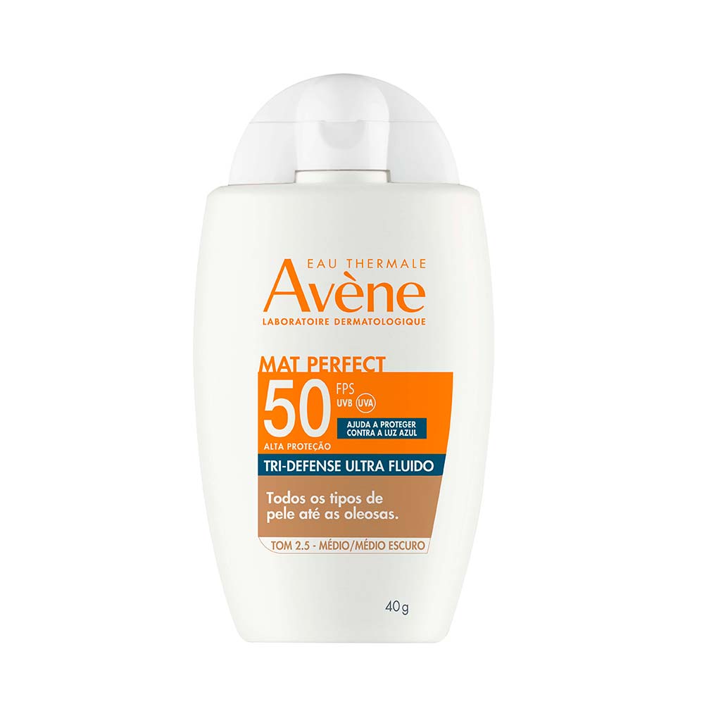Protetor Solar Facial Com Cor Avène Mat Perfect Tri-Defense Ultra Fluido FPS 50 2.5 Médio Escuro
