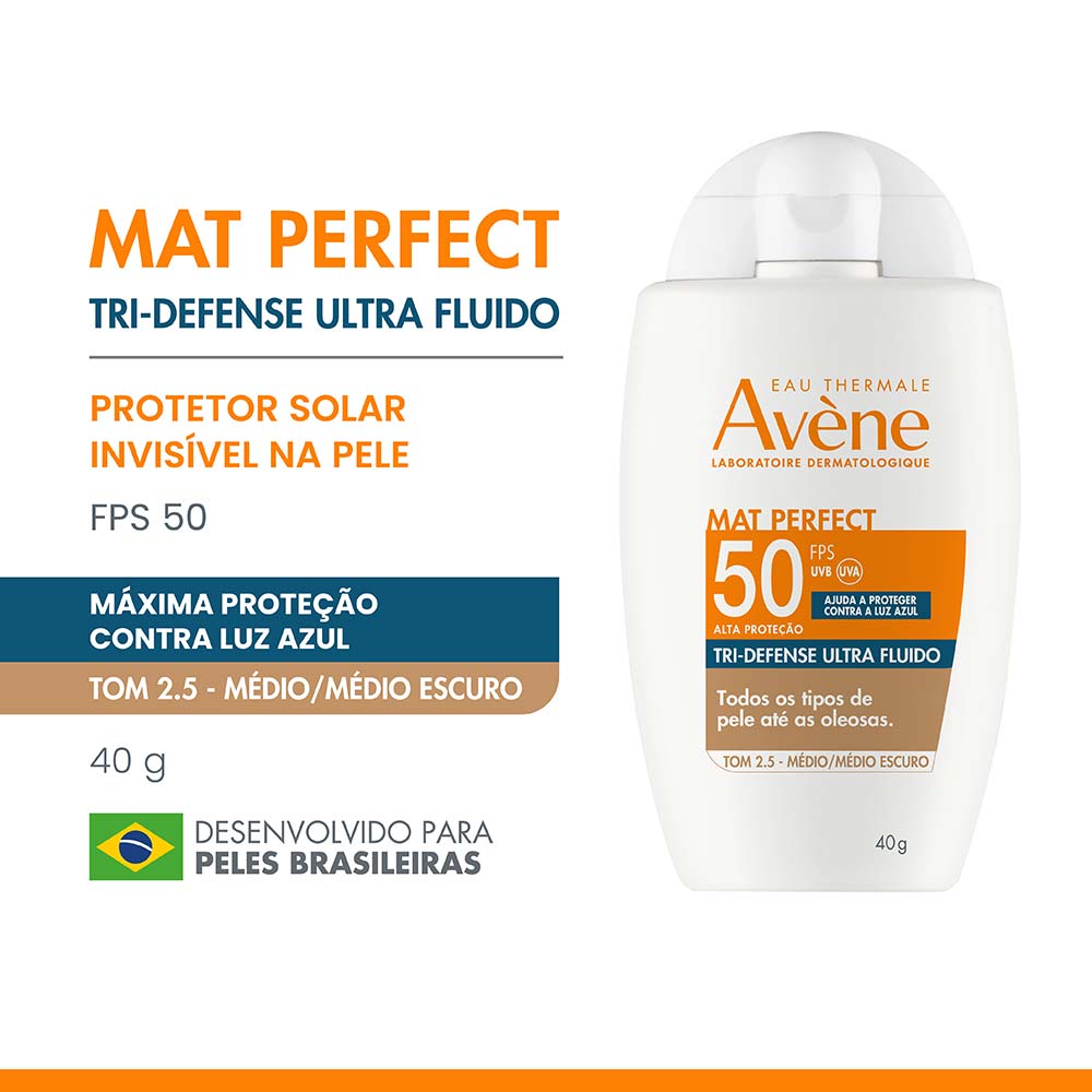 Protetor Solar Facial Com Cor Avène Mat Perfect Tri-Defense Ultra Fluido FPS 50 2.5 Médio Escuro