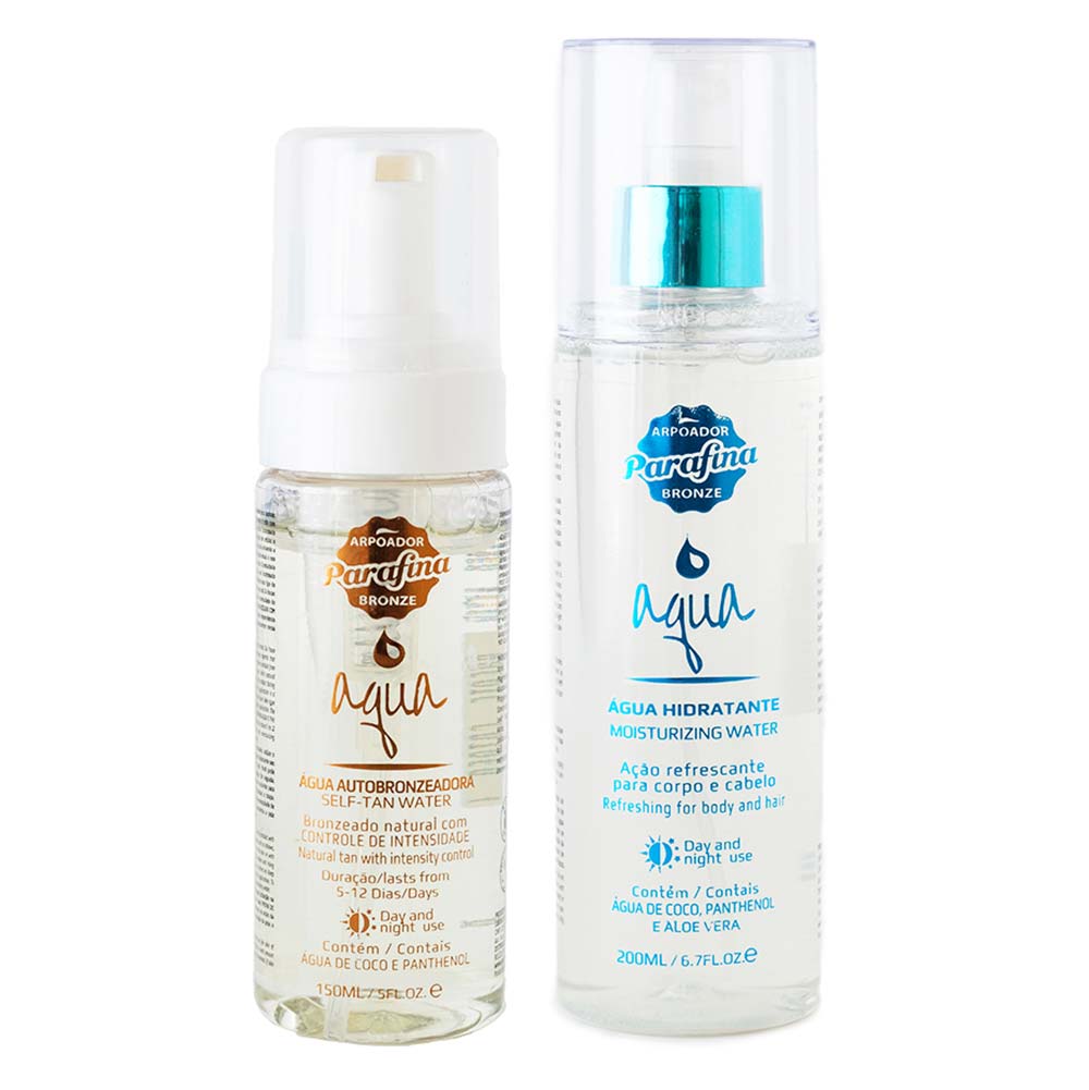 Parafina Bronze Kit – Água Autobronzeadora 150ml + Água Hidratante Corpo e Cabelo 200ml + Necessaire Aqua
