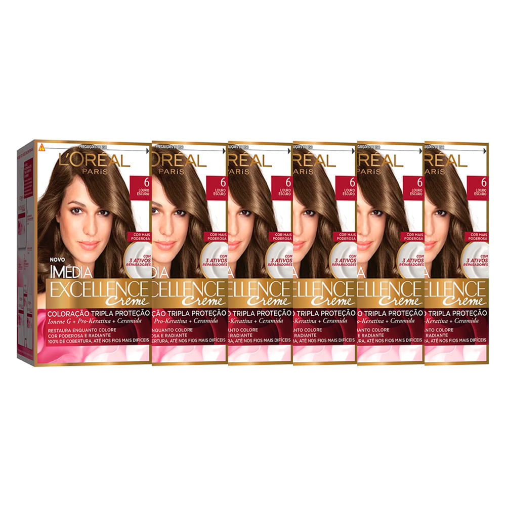 L'Oréal Paris Coloração Imédia Excellence 6 Louro Escuro Kit 6 Unidades