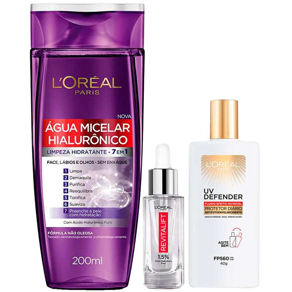 L'Oréal Paris Revitalift Hialurônico UV Defender Kit – Água Micelar + Sérum + Protetor Solar