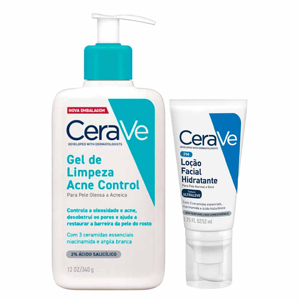 Cerave Kit Hidratante Facial + Gel de Limpeza Facial para Peles Normais a Acneicas