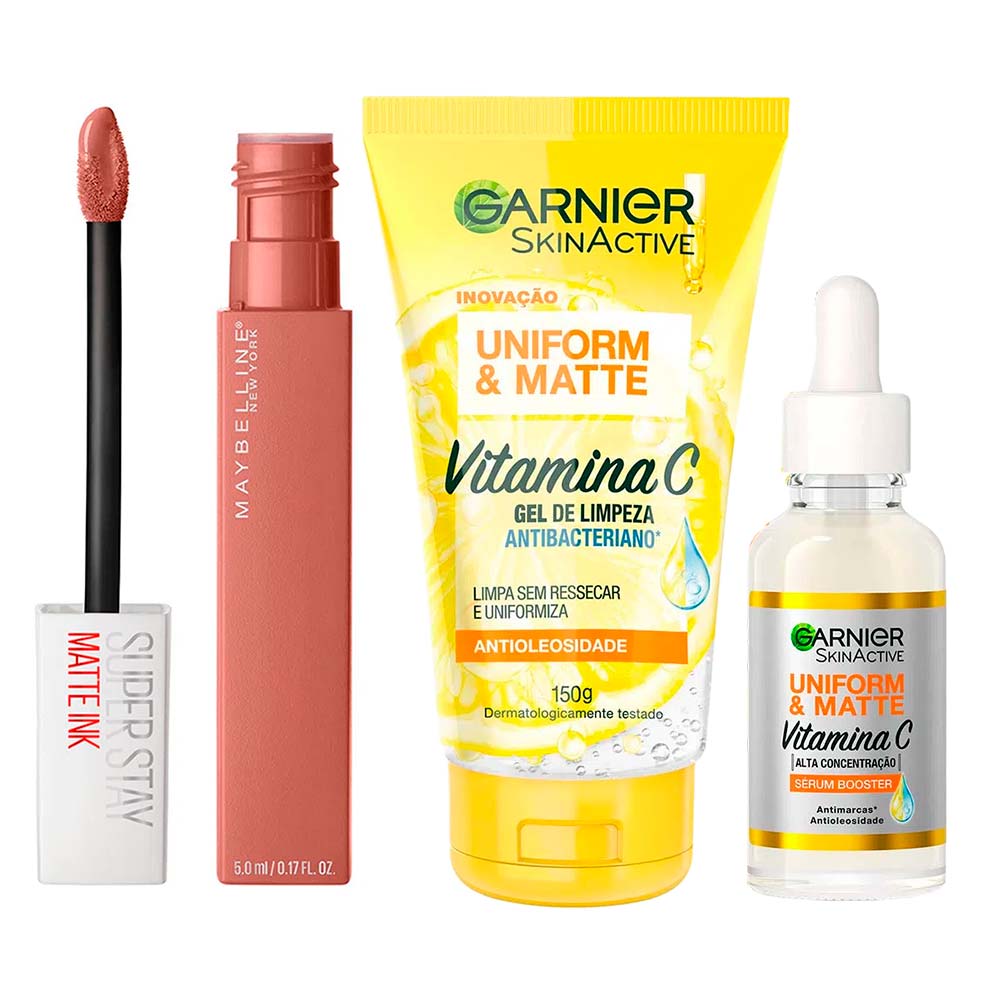 Garnier + Maybelline Kit – Gel De Limpeza Facial + Sérum Facial + Batom Líquido Superstay Matte Ink Kit