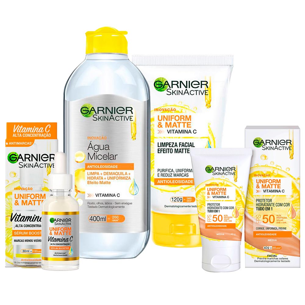 Garnier Skin Uniform & Matte Vitamina C Kit – Sérum + Gel De Limpeza + Água Micelar + Protetor Solar Cor Média Kit