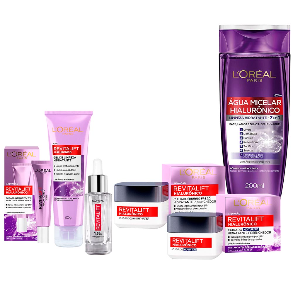 L'oréal Paris Revitalift Hialurônico Kit – Água Micelar + Creme Antiidade Noturno + Diurno + Creme Olhos + Gel De Limpeza + Sérum Kit