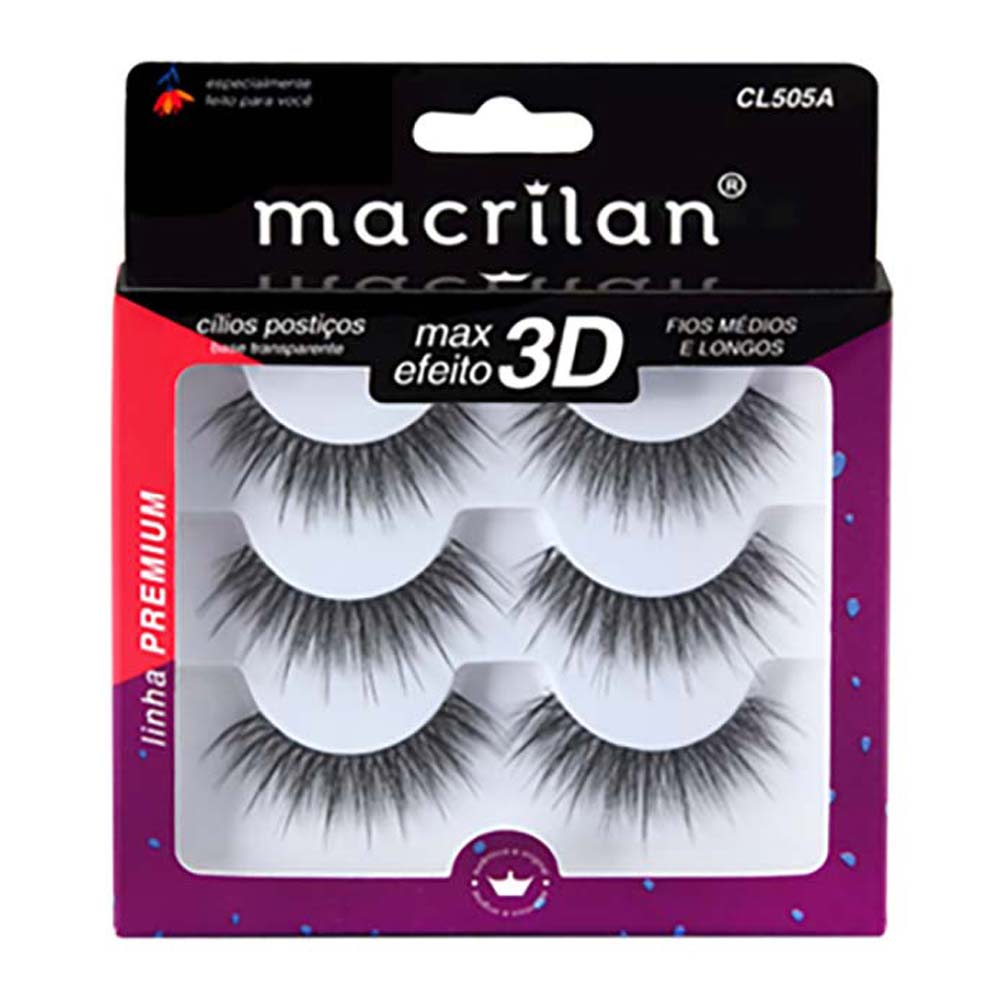 Cílios Postiços Macrilan  Fios Médios E Longos Cl505a 3 Pares