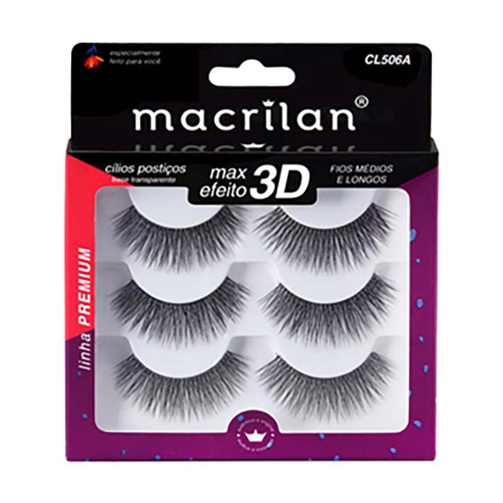 Cílios Postiços Macrilan  Fios Longos E Cruzados Cl506a 3 Pares