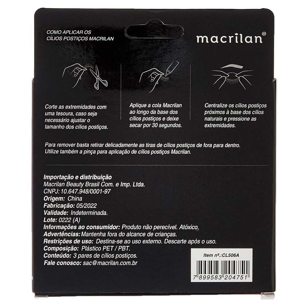 Cílios Postiços Macrilan  Fios Longos e Cruzados CL506A 3 pares