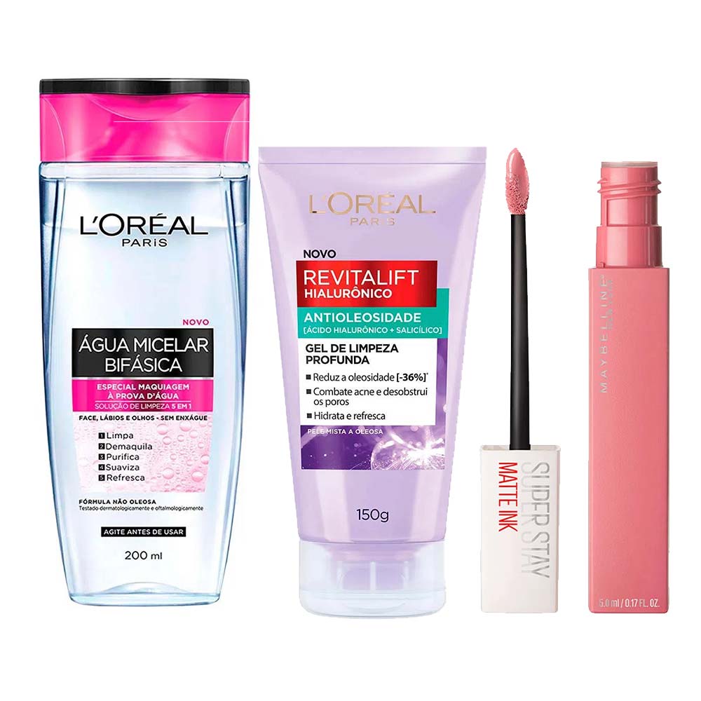 L’oréal Paris + Maybelline Kit  Água Micelar Bifásica + Gel De Limpeza Antioleosidade + Batom Líquido Longa Duração Dreamer Kit
