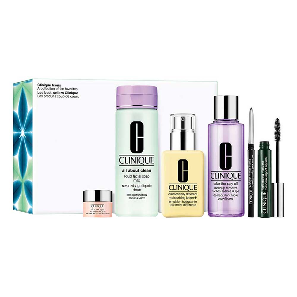 Clinique Icons Kit  Sabonete Facial + Hidratante + Demaquilante + Gelcreme Olhos + Máscara de Cílios + Delineador Kit