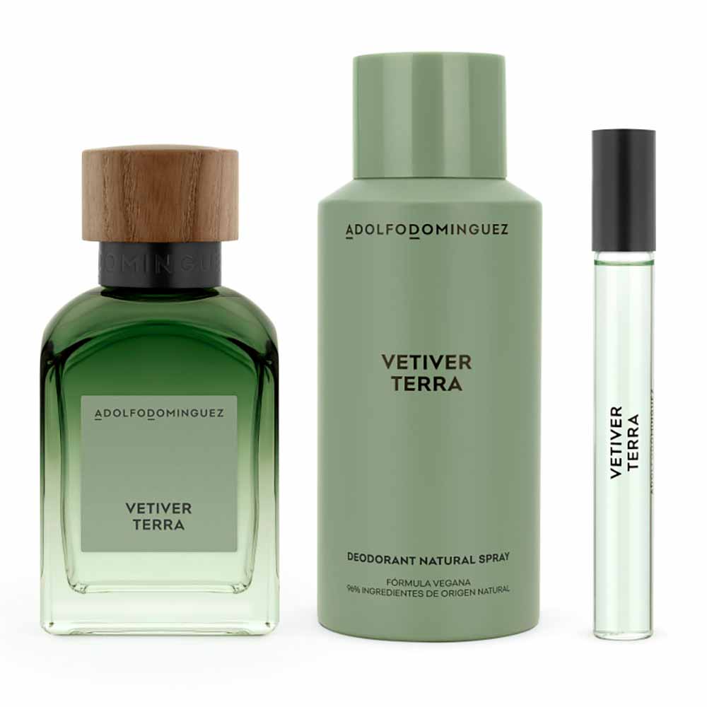 Adolfo Dominguez Vetiver Terra Coffret Perfume Masculino EDP + Desodorante + Travel Size Kit