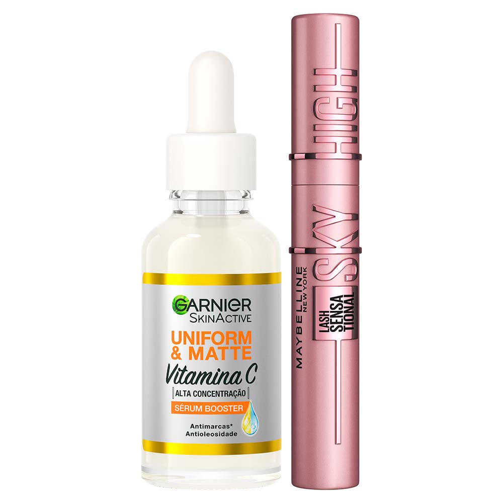 Garnier Skin + Maybelline Kit – Sérum Facial  Uniform & Matte Vitamina C  15ml + Máscara De Cílios Kit