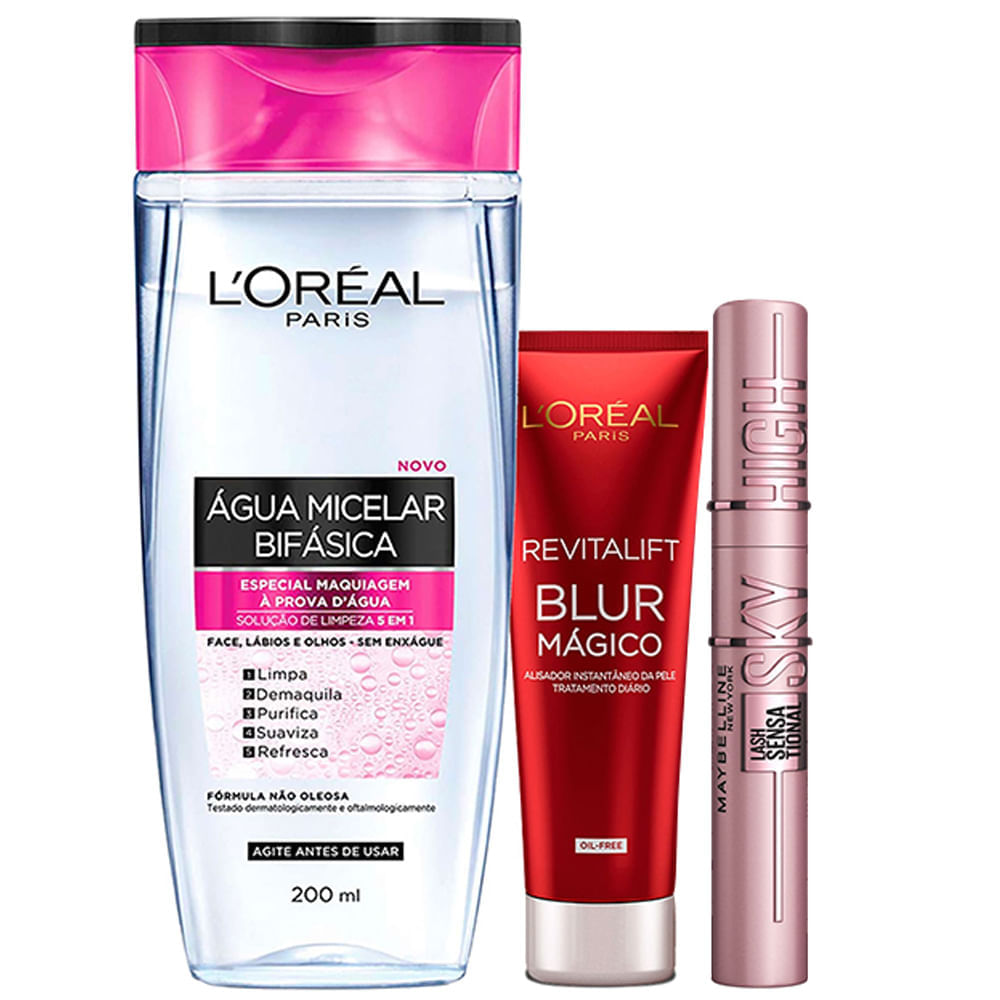 L’oréal Paris + Maybelline Kit  Água Micelar Bifásica 5 Em 1 200ml + Primer Blur Mágico 27g + Máscara De Cílios Lash Sensational Sky High Kit