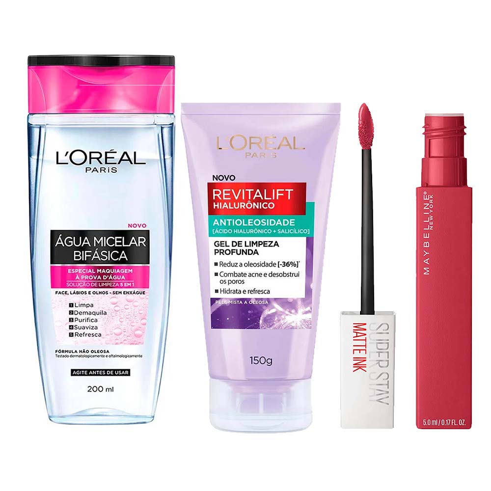 L’Oréal Paris + Maybelline Kit  Água Micelar Bifásica + Gel de Limpeza Antioleosidade + Batom Líquido Longa Duração Ruler Kit