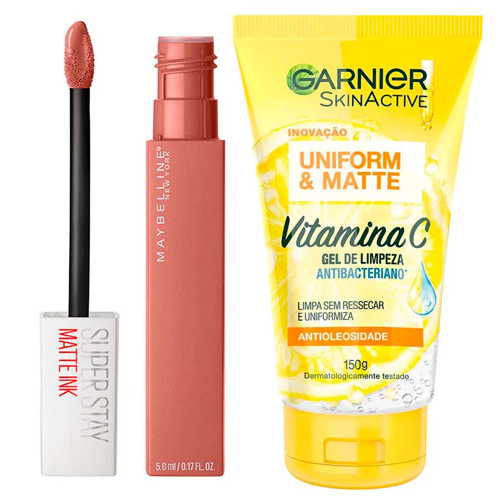 Garnier + Maybelline Kit – Gel de Limpeza Facial Vitamina C + Batom Líquido SuperStay Matte Ink Kit