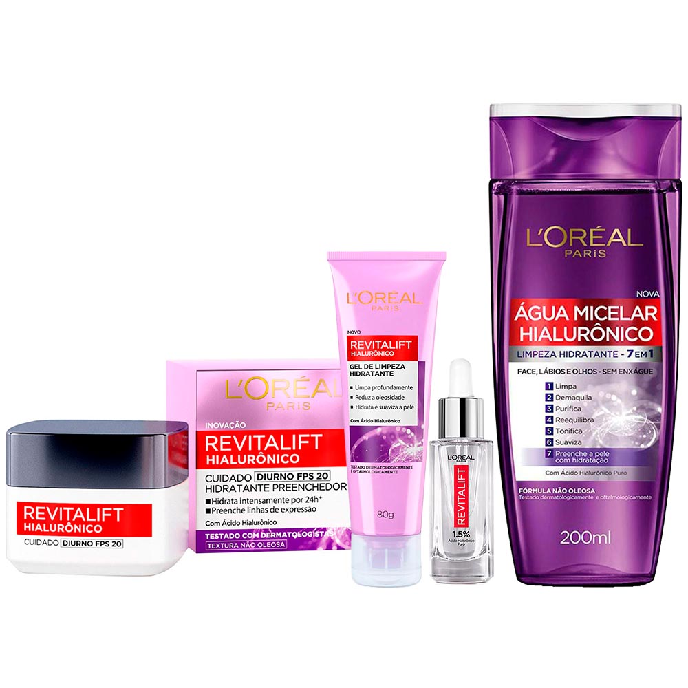 L'Oréal Paris Revitalift Hialurônico Kit – Água Micelar + Gel de Limpeza + Creme Antiidade Diurno + Sérum Kit