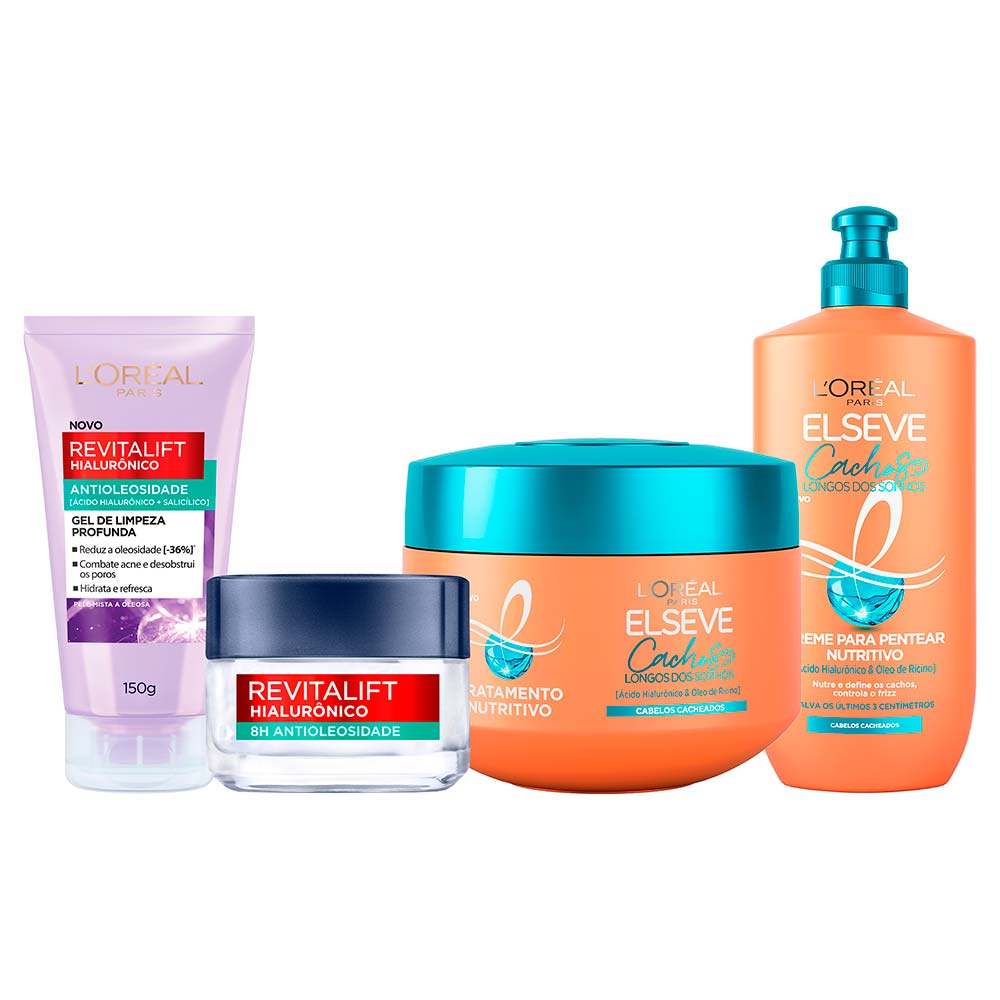 L’Oréal Paris Antioleosidade + Cachos Kit – Gel de Limpeza Facial + Gel Creme Hidratante + Creme de Tratamento + Creme de Pentear Kit