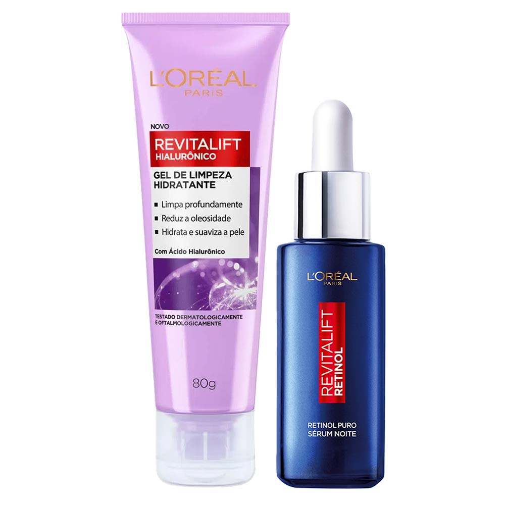 L’oréal Paris Revitalift Kit – Gel De Limpeza Facial Antiidade Hialurônico 80g + Sérum Facial Antirrugas Noturno Retinol 30ml Kit