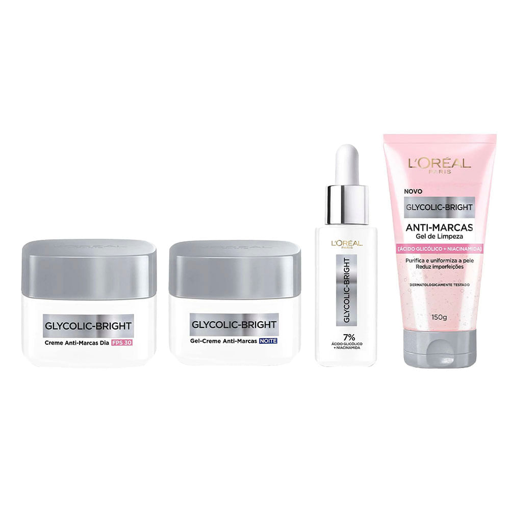 L'oréal Paris Glycolic Bright Kit – Gel Creme Dia + Gel Creme Noite + Sérum + Gel De Limpeza Kit