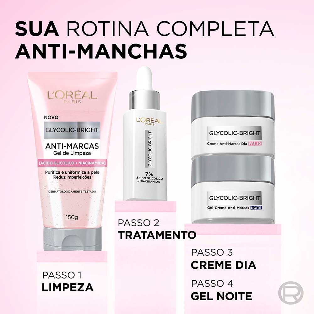 L'Oréal Paris Glycolic Bright Kit – Gel Creme Dia + Gel Creme Noite + Sérum + Gel de Limpeza Kit