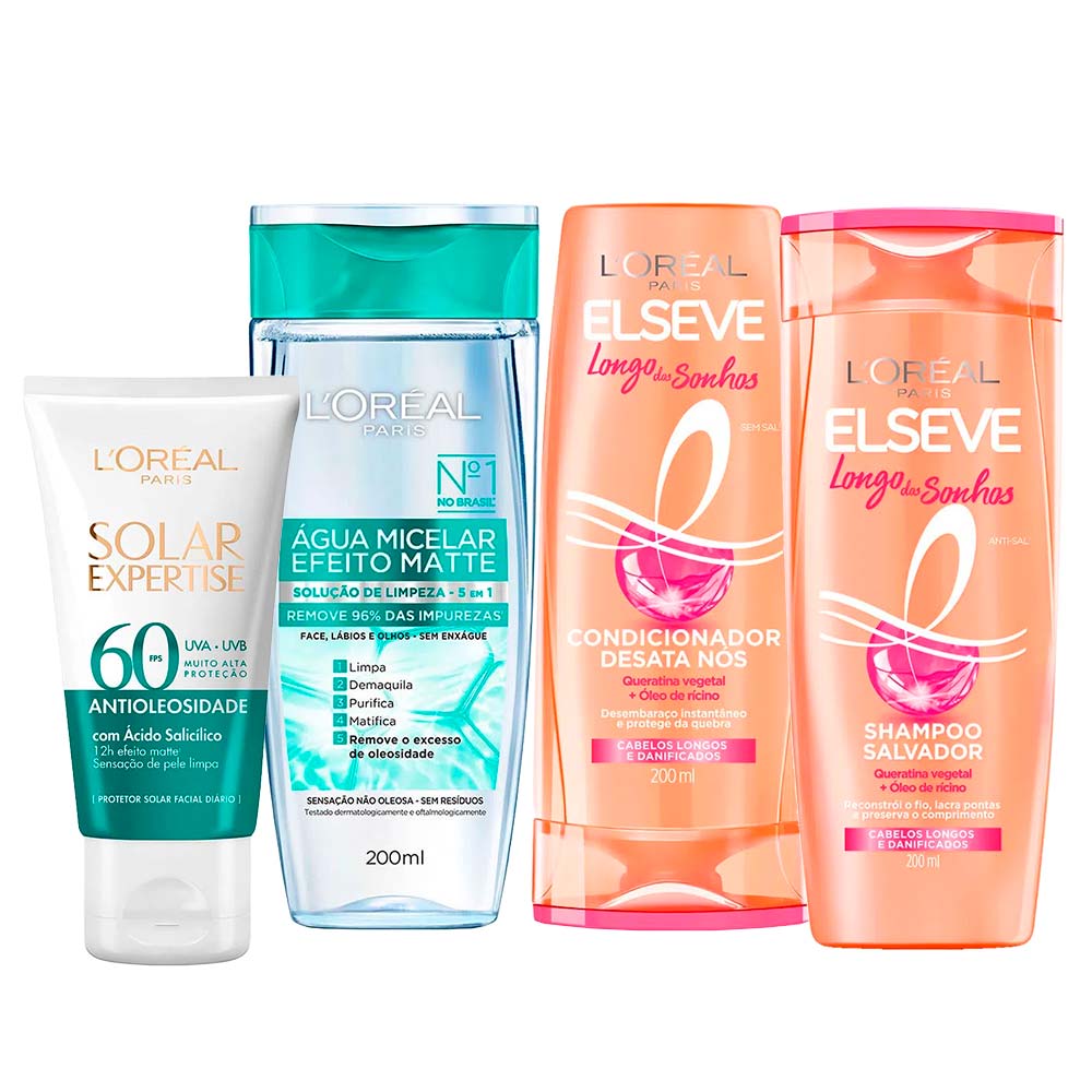 L’Oréal Paris Kit – Água Micelar Efeito Matte + Protetor Solar Expertise FPS60 + Shampoo e Condicionador Longo dos Sonhos Kit