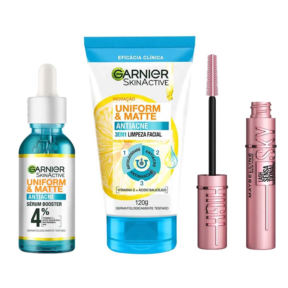 Garnier Skin + Maybelline Kit  Sérum Facial + Sabonete Facial 3 Em 1 + Máscara De Cílios Kit