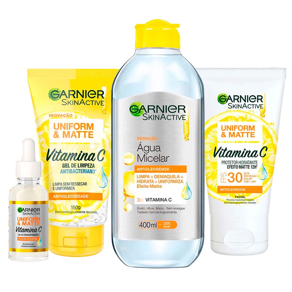 Garnier Kit – Gel de Limpeza Facial + Sérum Facial + Água Micelar + Protetor Hidratante Facial FPS30 Kit