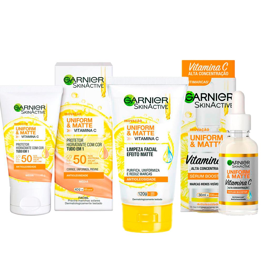 Garnier Skin Uniform & Matte Vitamina C Kit – Sérum Facial + Gel de Limpeza + Protetor Solar FPS50 cor Média Kit