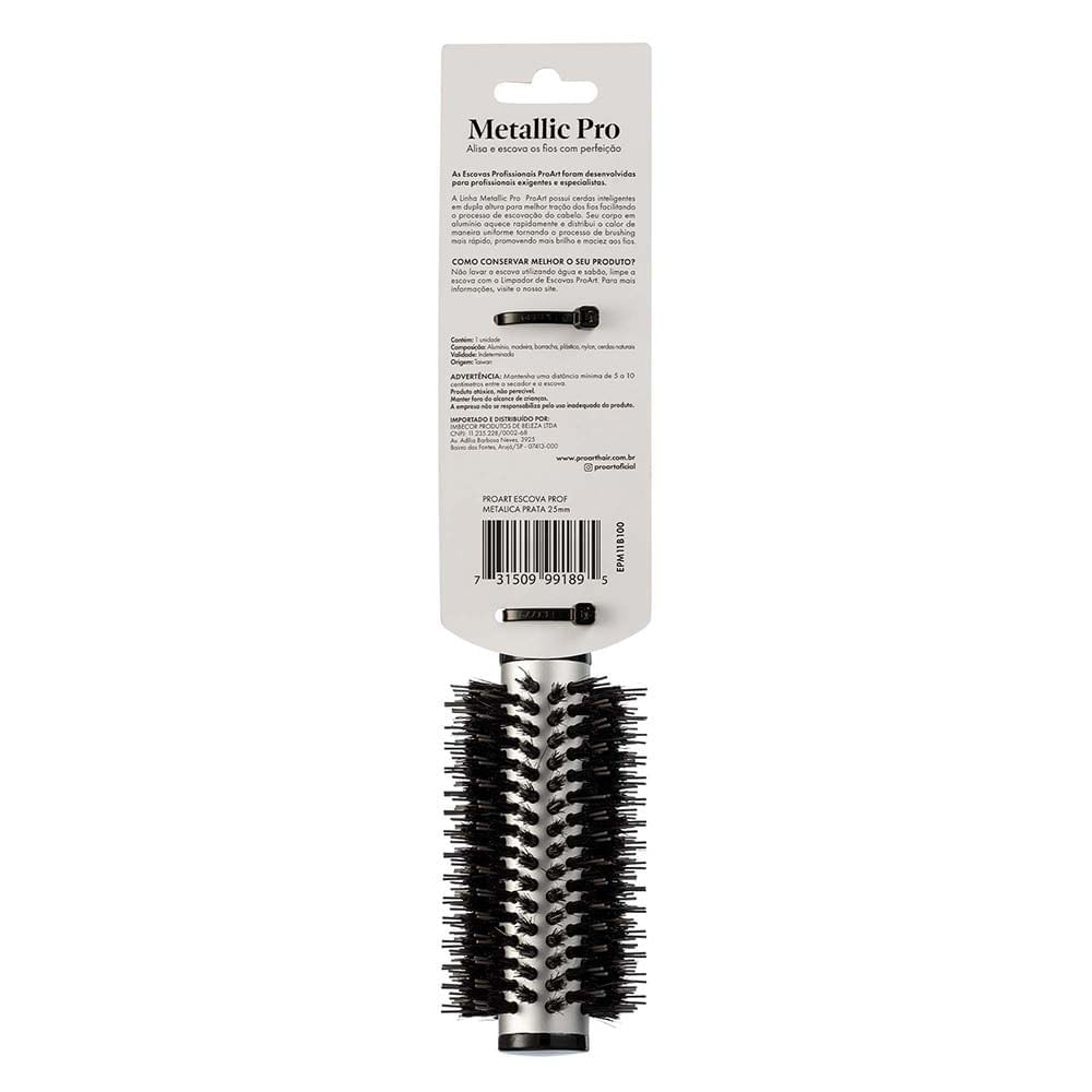 Escova de Cabelo ProArt Profissional Metallic Pro Prata 25mm