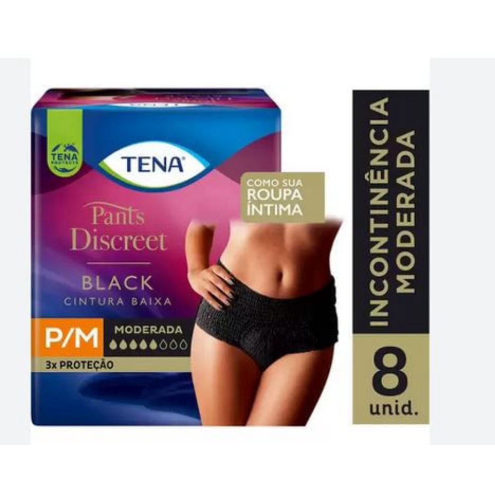 Roupa Íntima Descartável Preta Tena Pants Discreet Tamanho P/M c/ 8 Unidades