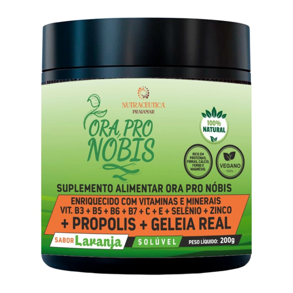 Ora Pro Nóbis + Própolis + Geleia Real Solúvel 200gr Sabor Laranja