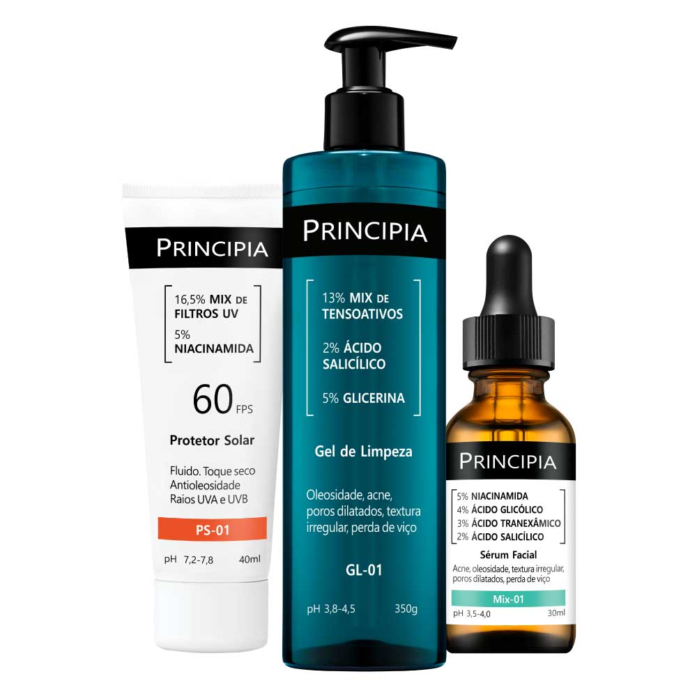 Kit Anti Acne Principia Gel de Limpeza 350g + Protetor Solar FPS 60 40ml + Mix-01 30ml