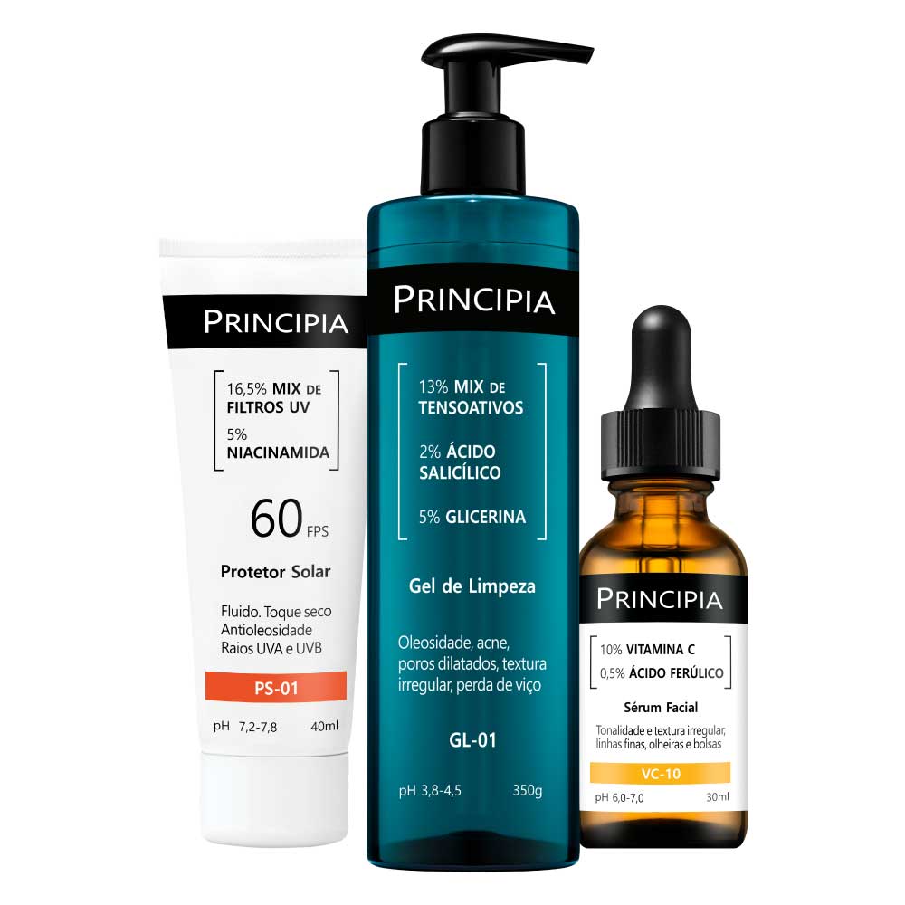 Kit Principia Gel de Limpeza 350g + Protetor Solar FPS 60 40ml+ Vitamina C 30ml