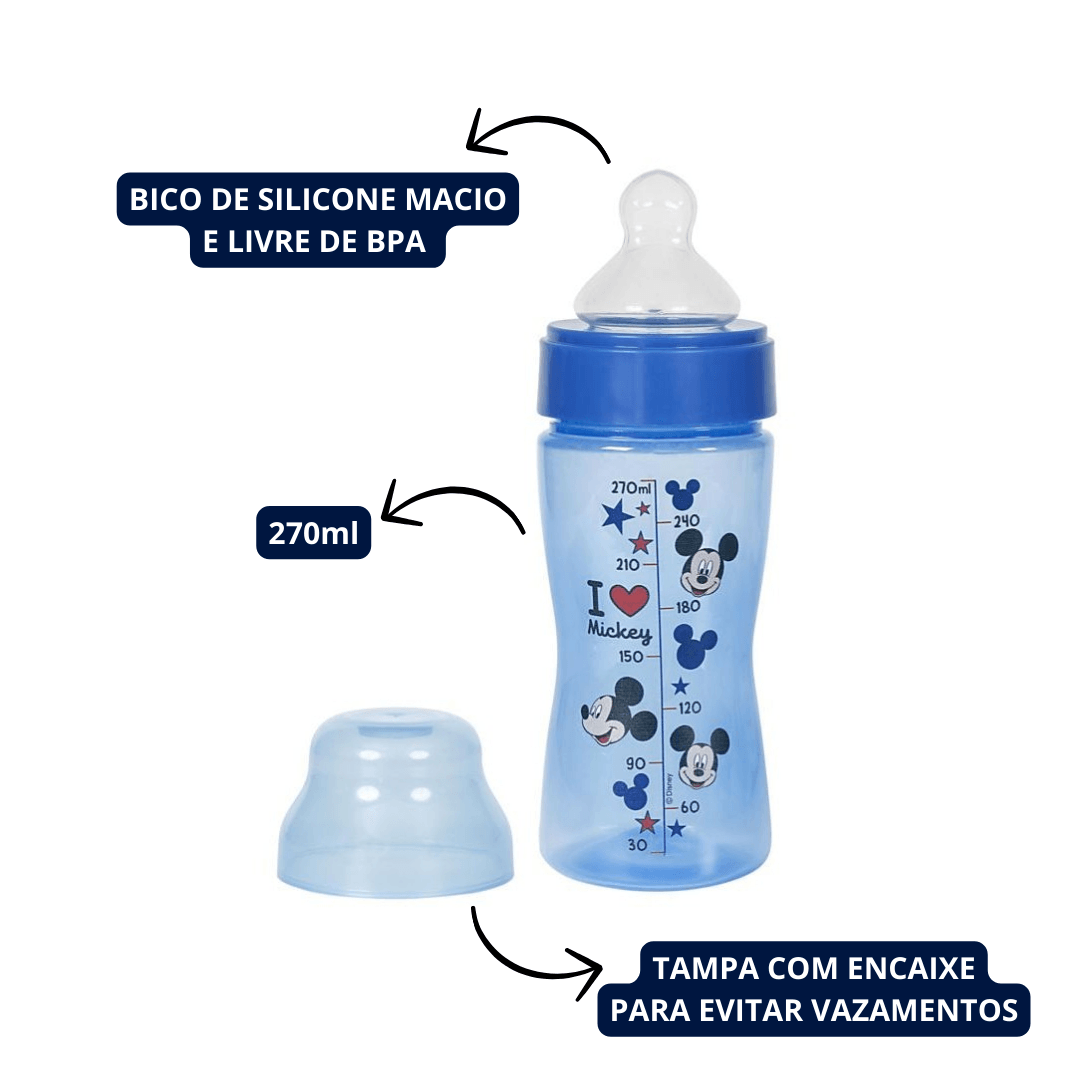 Mamadeira Wide Neck Bico Macio 270ml Azul Mickey