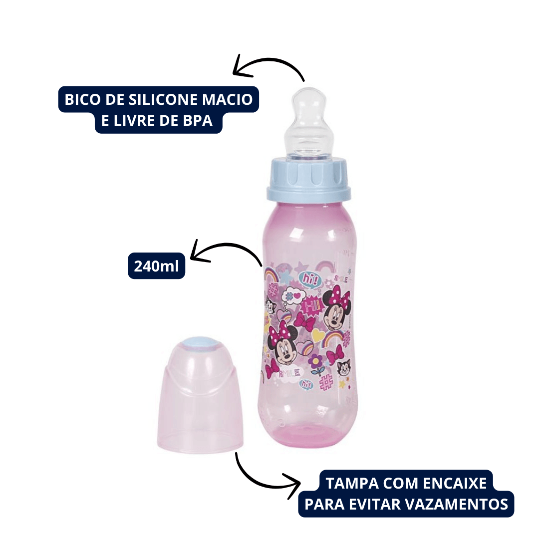 Mamadeira Com Bico Ortodontica de Silicone 240ml Rosa Minnie Disney.