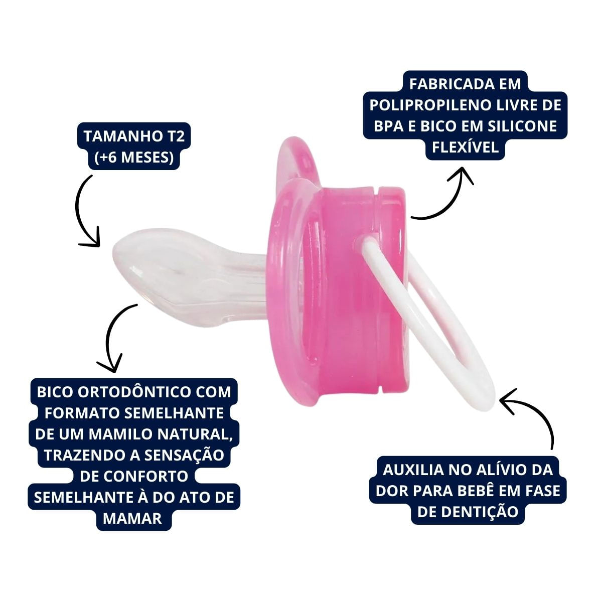 Chupeta T2 Rosa Menina Com Bico Ortodôntico de Silicone