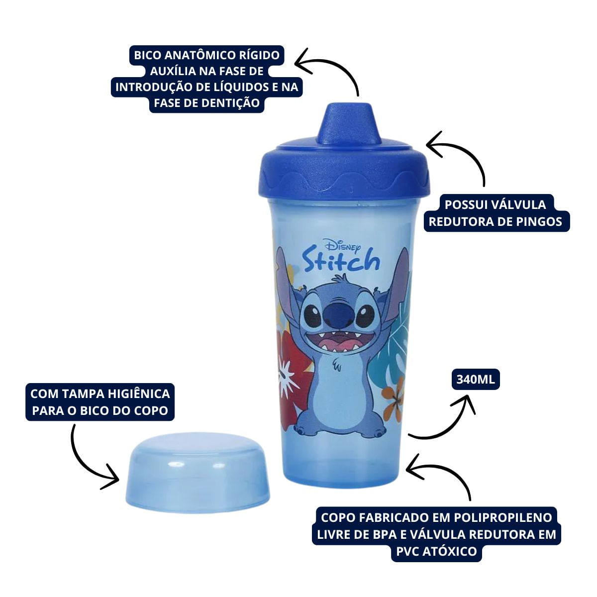 Copo De Transição Infantil Azul Com Tampa Stitch Premium