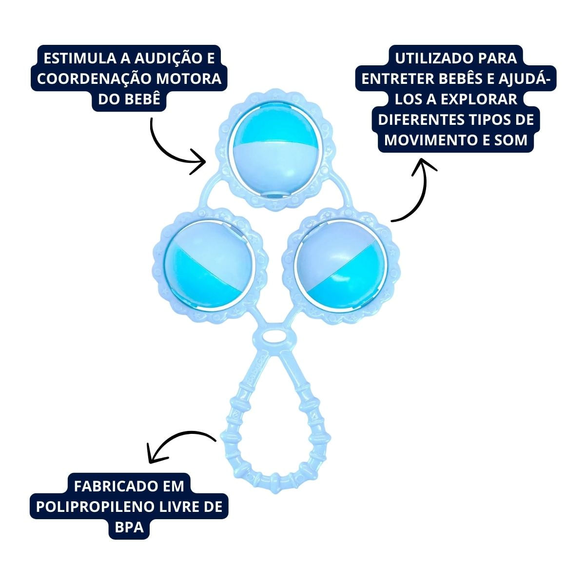 Chocalho De Bebê Azul Infantil Menino 3 Bolinhas Tradicional
