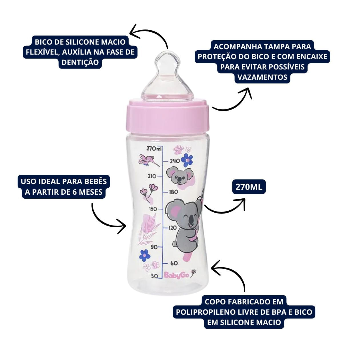 Mamadeira Primeiros Passos Bico Macio 240ml Rosa Coala