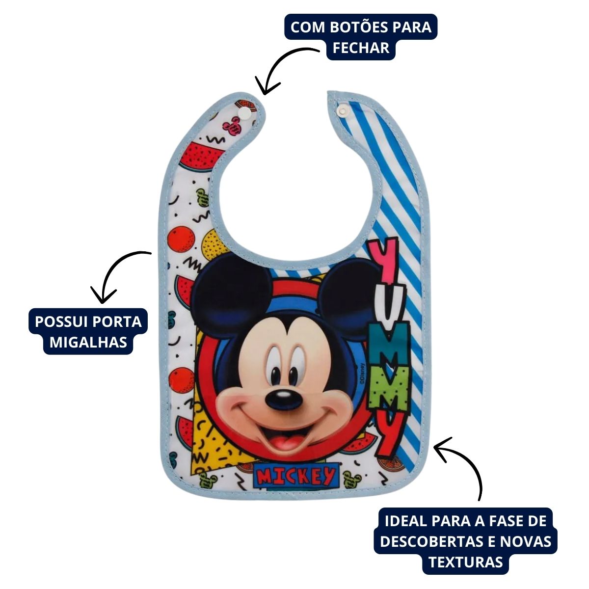 Babador Resistente a Pingo Com Porta Migalhas Azul Mickey