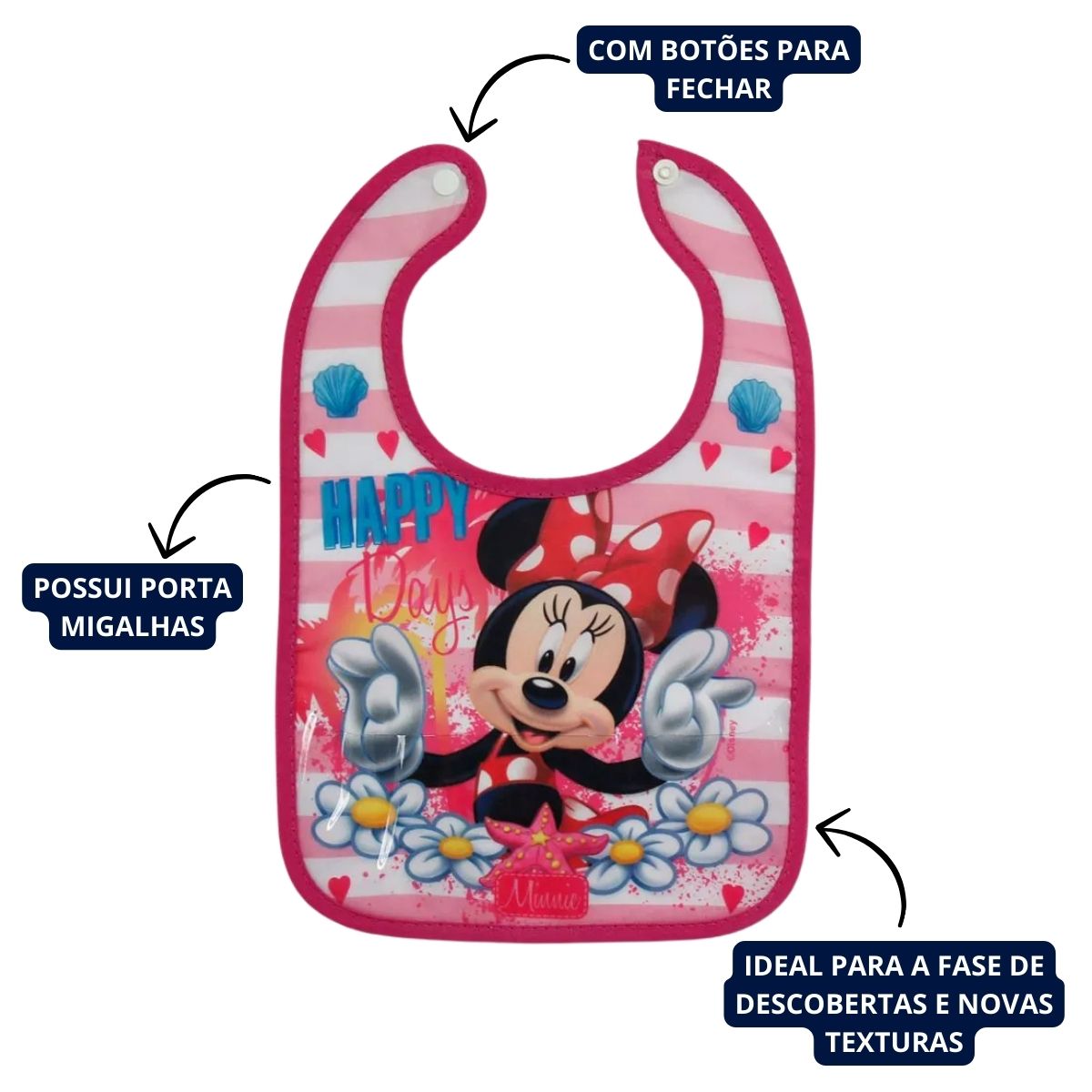 Babador Resistente a Pingo Com Porta Migalhas Rosa Minnie