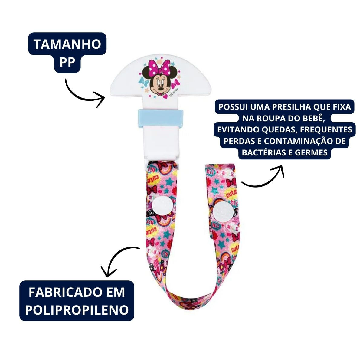 Prendedor de Chupeta Bebê Rosa Menina Tamanho PP Disney