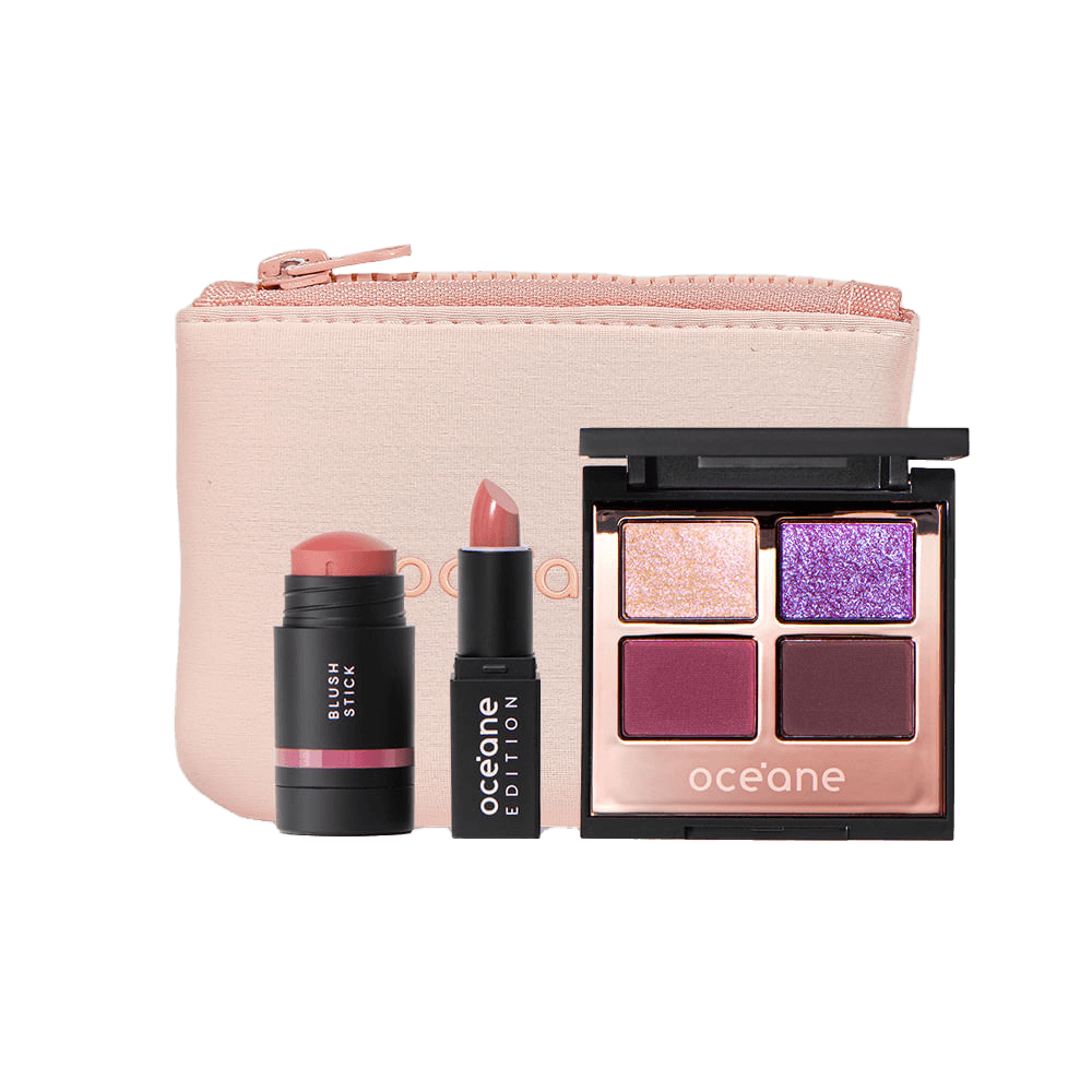 Kit Mini Blush em Bastão Rosa + Mini Batom Nude SemiMatte + Night Glam + Mini Daily Makeup (4 Produtos)
