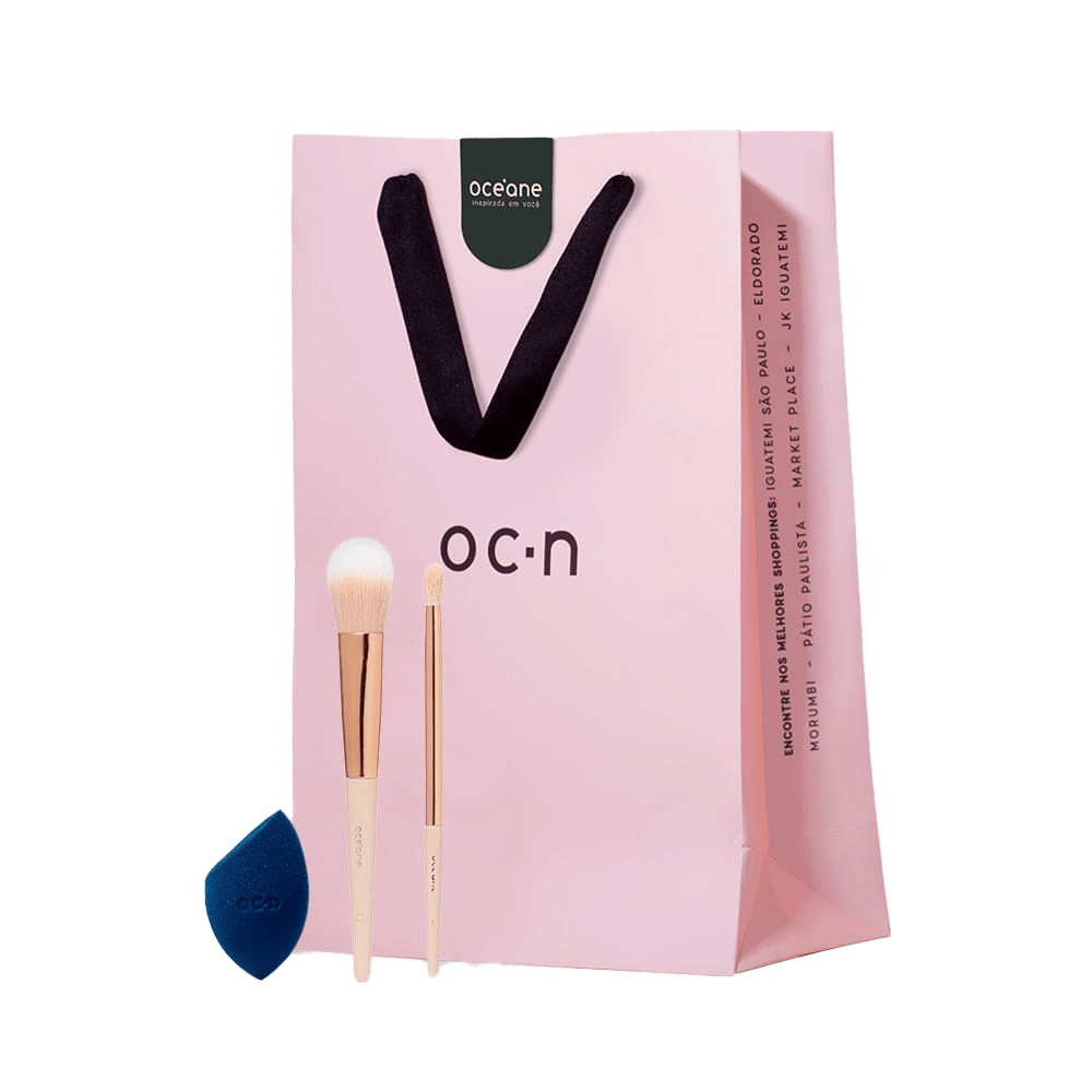 Kit Esponja de Maquiagem Azul +  Pincel para Blush Ocn3 + Pincel para Sombra Ocn8 + Sacola de Presente Pequena (4 Produtos)