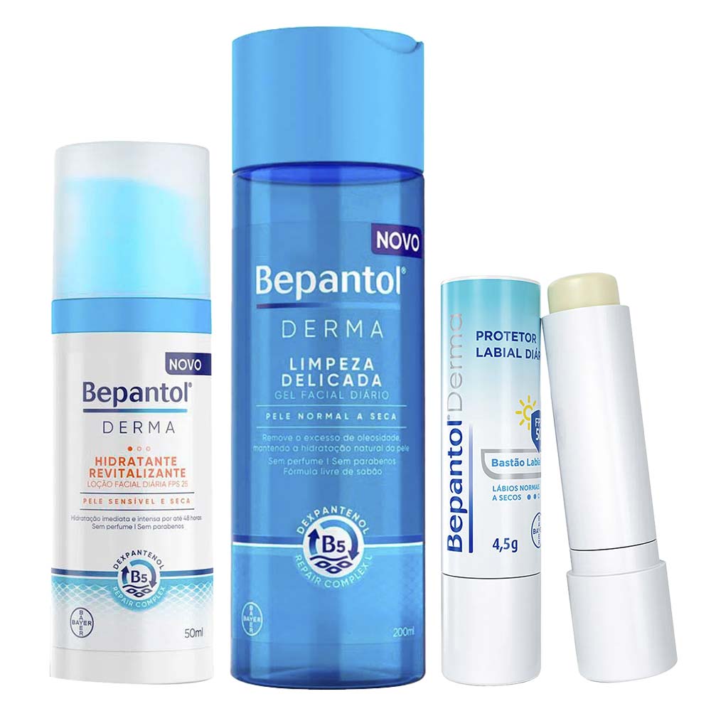 Bepantol Kit – Protetor Labial FPS50 4,5g + Loção Facial Revitalizante FPS25 50ml + Gel de Limpeza Facial 200ml