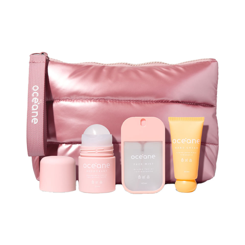 Kit Nécessaire Puffer + Desodorante + Creme para Mãos + Bruma Facial Travel (4 Produtos)