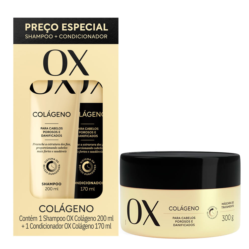 Kit Ox Shampoo 200ml E Condicionador Colágeno 170ml Mais Máscara Ox Colágeno 300g