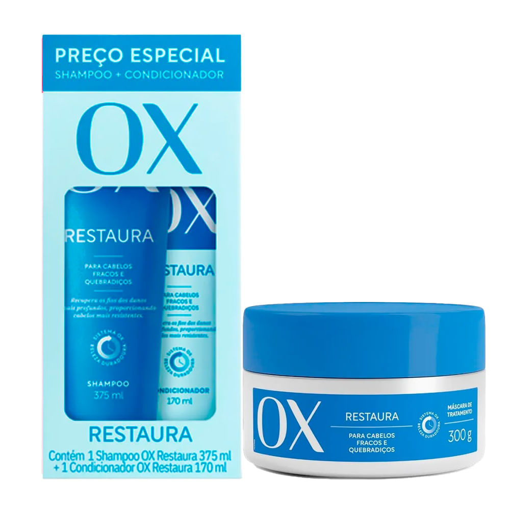 Kit Ox Shampoo 375ml e Condicionador Restaura 170ml  Mais Máscara Ox Restaura 300g