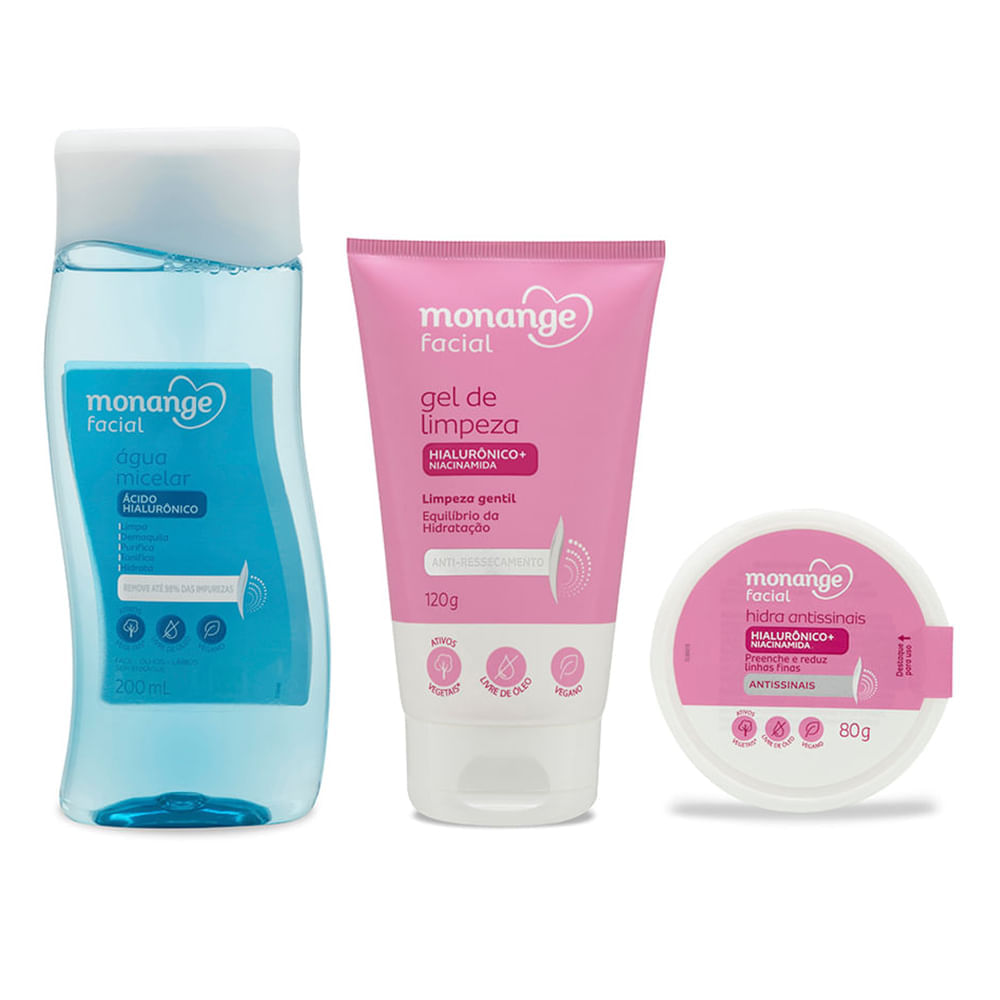 Kit Monange Facial Anti-ressecamento e Antissinais Gel de limpeza + Hidratante + Água Micelar